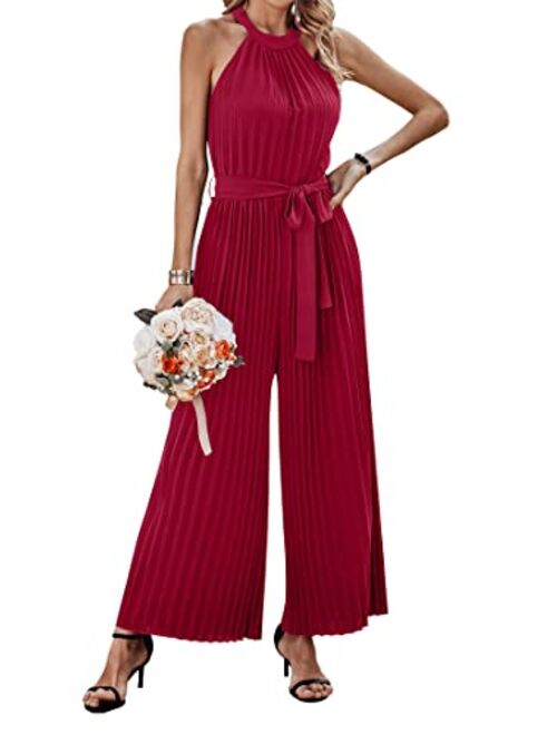 KIRUNDO 2023 Women Summer Halter Neck Sleeveless Pleated High Waist Belted Dressy Wide Leg Pant One Piece Jumpsuits Romper