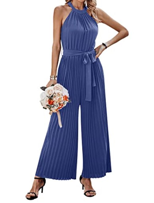 KIRUNDO 2023 Women Summer Halter Neck Sleeveless Pleated High Waist Belted Dressy Wide Leg Pant One Piece Jumpsuits Romper