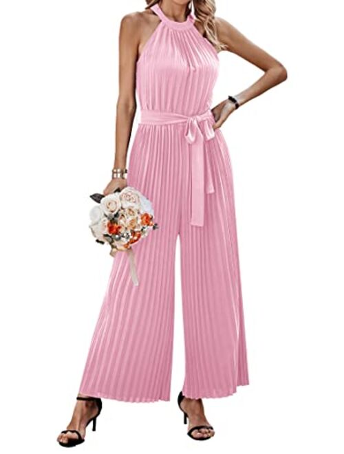 KIRUNDO 2023 Women Summer Halter Neck Sleeveless Pleated High Waist Belted Dressy Wide Leg Pant One Piece Jumpsuits Romper