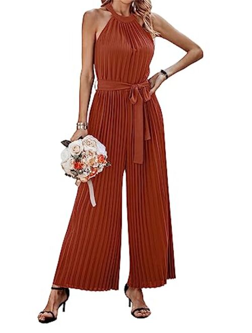 KIRUNDO 2023 Women Summer Halter Neck Sleeveless Pleated High Waist Belted Dressy Wide Leg Pant One Piece Jumpsuits Romper