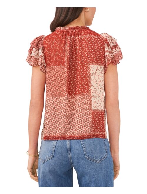 1.STATE Women's Printed Tie-Neck Flutter-Sleeve Top