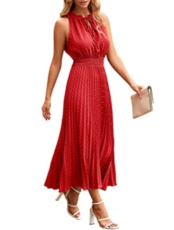 Women's Midi Summer Dresses Casual V Neck Swiss Dot Ruffle Sleeveless A Line Beach Sun Dress