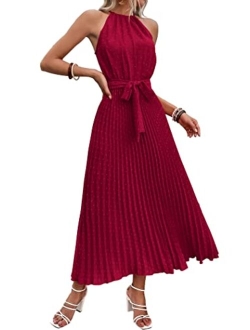 Women's Midi Summer Dresses Casual V Neck Swiss Dot Ruffle Sleeveless A Line Beach Sun Dress