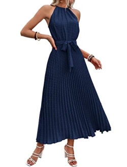 Women's Midi Summer Dresses Casual V Neck Swiss Dot Ruffle Sleeveless A Line Beach Sun Dress