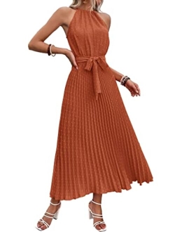 Women's Midi Summer Dresses Casual V Neck Swiss Dot Ruffle Sleeveless A Line Beach Sun Dress