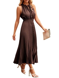 Women's Midi Summer Dresses Casual V Neck Swiss Dot Ruffle Sleeveless A Line Beach Sun Dress