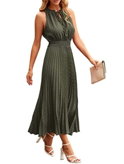 Women's Midi Summer Dresses Casual V Neck Swiss Dot Ruffle Sleeveless A Line Beach Sun Dress