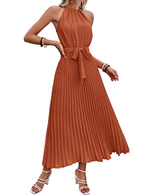 PRETTYGARDEN Women's Midi Summer Dresses Casual V Neck Swiss Dot Ruffle Sleeveless A Line Beach Sun Dress