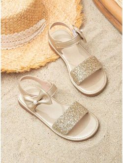Girls Glitter Detail Bow & Faux Pearl Decor Ankle Strap Sandals