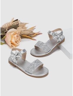 Girls Glitter Detail Bow & Faux Pearl Decor Ankle Strap Sandals