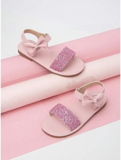 Girls Glitter Detail Bow & Faux Pearl Decor Ankle Strap Sandals