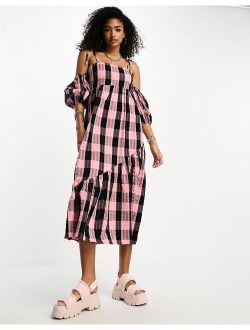 off the shoulder midi dress in pink plaid