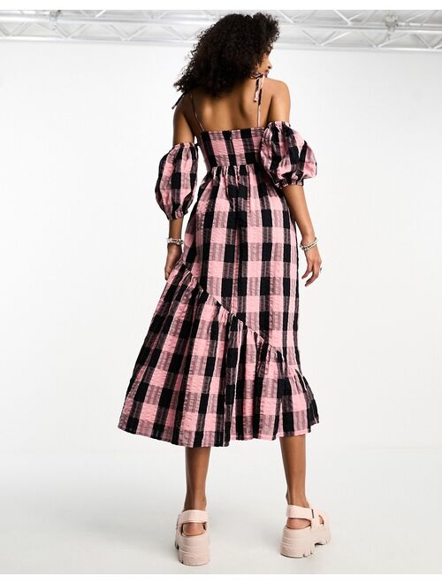 COLLUSION off the shoulder midi dress in pink plaid