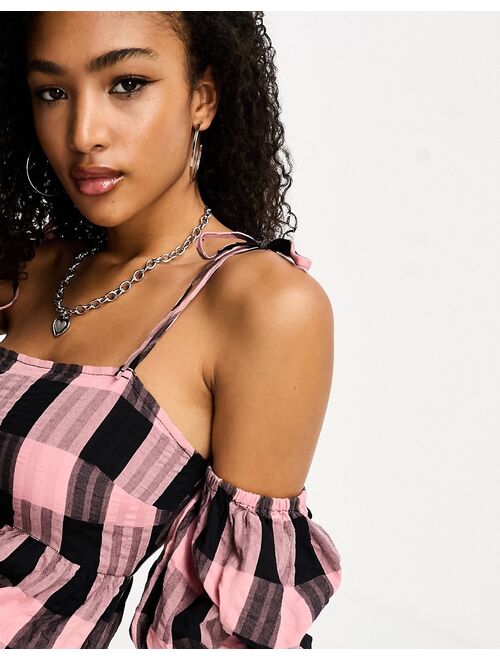 COLLUSION off the shoulder midi dress in pink plaid