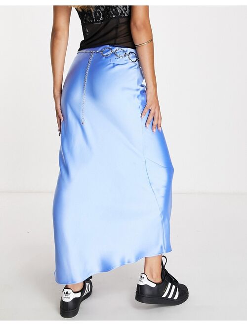 COLLUSION chain belted satin slip midi skirt in blue