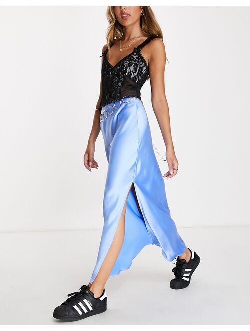 COLLUSION chain belted satin slip midi skirt in blue