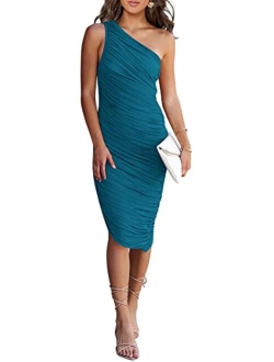 Women's Ruched Bodycon Dress 2023 Summer One Shoulder Sleeveless Party Cocktail Pencil Dresses