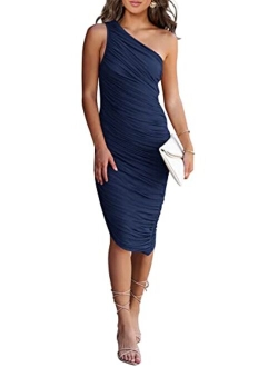 Women's Ruched Bodycon Dress 2023 Summer One Shoulder Sleeveless Party Cocktail Pencil Dresses