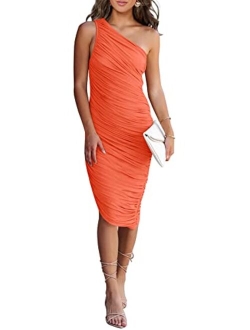 Women's Ruched Bodycon Dress 2023 Summer One Shoulder Sleeveless Party Cocktail Pencil Dresses