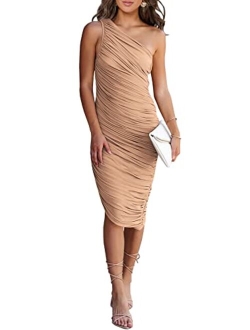 Women's Ruched Bodycon Dress 2023 Summer One Shoulder Sleeveless Party Cocktail Pencil Dresses