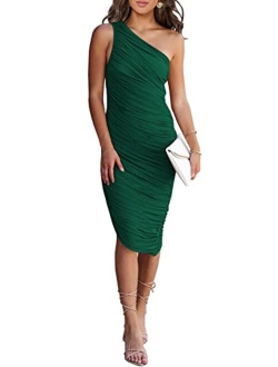 Women's Ruched Bodycon Dress 2023 Summer One Shoulder Sleeveless Party Cocktail Pencil Dresses