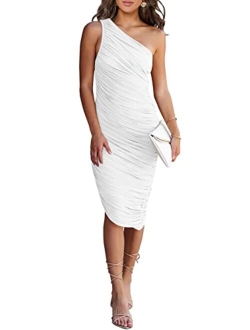 Women's Ruched Bodycon Dress 2023 Summer One Shoulder Sleeveless Party Cocktail Pencil Dresses