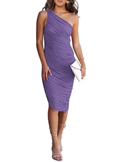 Women's Ruched Bodycon Dress 2023 Summer One Shoulder Sleeveless Party Cocktail Pencil Dresses