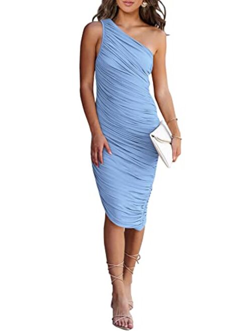 PRETTYGARDEN Women's Ruched Bodycon Dress 2023 Summer One Shoulder Sleeveless Party Cocktail Pencil Dresses