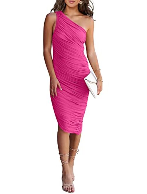 PRETTYGARDEN Women's Ruched Bodycon Dress 2023 Summer One Shoulder Sleeveless Party Cocktail Pencil Dresses