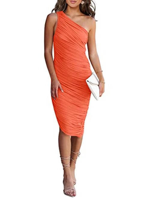 PRETTYGARDEN Women's Ruched Bodycon Dress 2023 Summer One Shoulder Sleeveless Party Cocktail Pencil Dresses