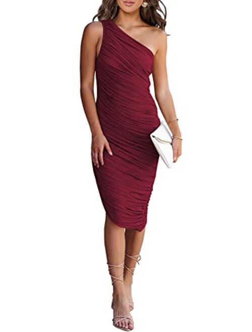 PRETTYGARDEN Women's Ruched Bodycon Dress 2023 Summer One Shoulder Sleeveless Party Cocktail Pencil Dresses