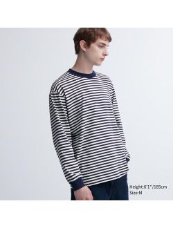 Washed Cotton Oversized Crew Neck Long-Sleeve T-Shirt (Striped)