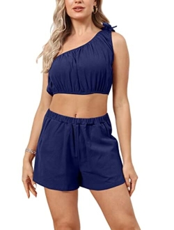 Vssjavun Womens Summer 2 Piece Outfit One Shoulder Crop Top Matching Shorts Causal Two Pieces Lounge Sets