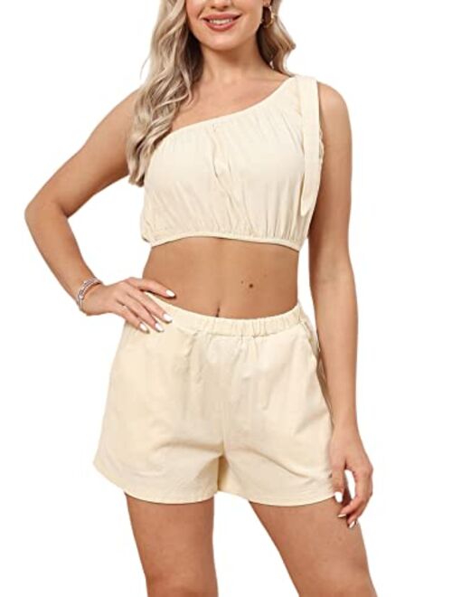 Vssjavun Womens Summer 2 Piece Outfit One Shoulder Crop Top Matching Shorts Causal Two Pieces Lounge Sets