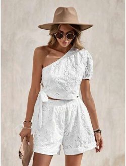 VCAY Eyelet Embroidery One Shoulder Knot Side Crop Top & Shorts