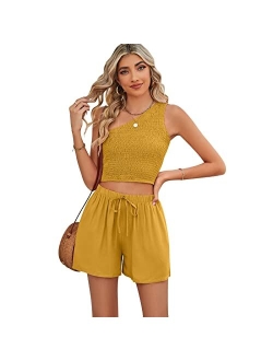 KEEPSHOWING 2 piece Outfits For Women Summer One Shoulder Crop Top and High Waisted Shorts Lounge Set