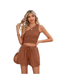 KEEPSHOWING 2 piece Outfits For Women Summer One Shoulder Crop Top and High Waisted Shorts Lounge Set