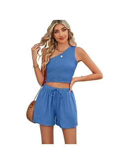 KEEPSHOWING 2 piece Outfits For Women Summer One Shoulder Crop Top and High Waisted Shorts Lounge Set