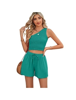 KEEPSHOWING 2 piece Outfits For Women Summer One Shoulder Crop Top and High Waisted Shorts Lounge Set