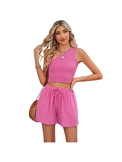 KEEPSHOWING 2 piece Outfits For Women Summer One Shoulder Crop Top and High Waisted Shorts Lounge Set