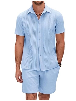 Men's Cotton Guayabera Beach Outfits Sets Linen 2 Piece Short Set