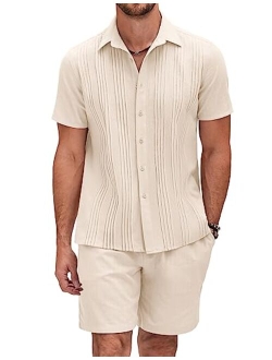 Men's Cotton Guayabera Beach Outfits Sets Linen 2 Piece Short Set