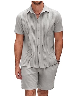 Men's Cotton Guayabera Beach Outfits Sets Linen 2 Piece Short Set