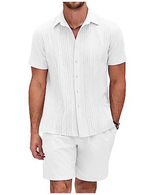 COOFANDY Men's Cotton Guayabera Beach Outfits Sets Linen 2 Piece Short Set