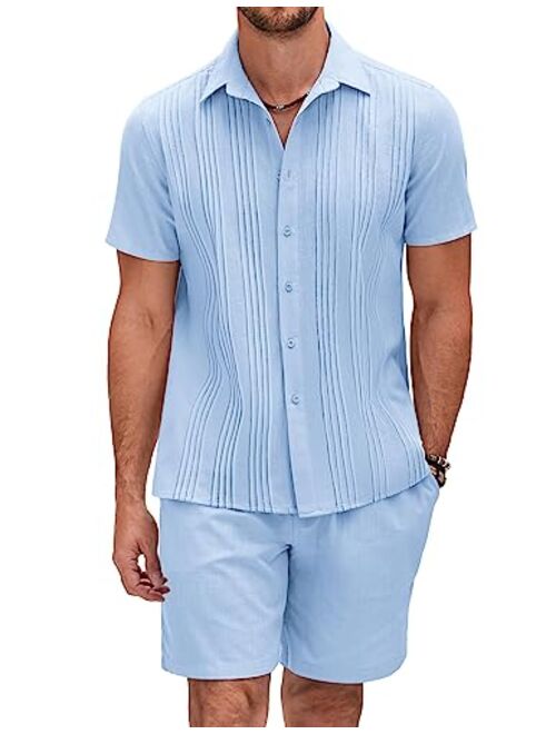 COOFANDY Men's Cotton Guayabera Beach Outfits Sets Linen 2 Piece Short Set