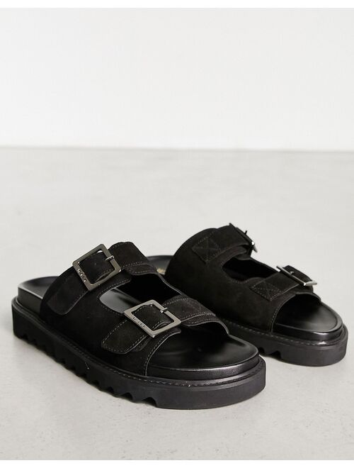 Walk London Jaws double strap chunky sandals in black suede