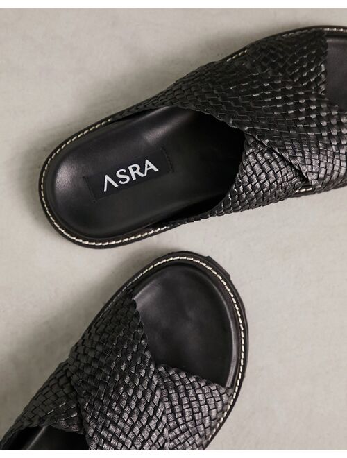 ASRA Salz cross strap weave sandals in black leather