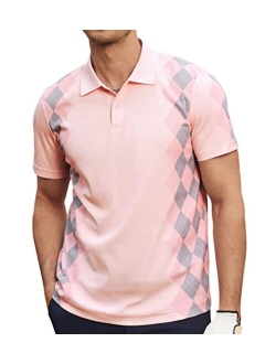 Men Argyle Polo Shirt Moisture Wicking Contrast Tennis Golf Shirts for Summer