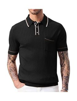 Men's Short Sleeve Knit Button Polo Shirts Casual Pullover Golf Shirt with Pockets