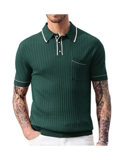 Men's Short Sleeve Knit Button Polo Shirts Casual Pullover Golf Shirt with Pockets